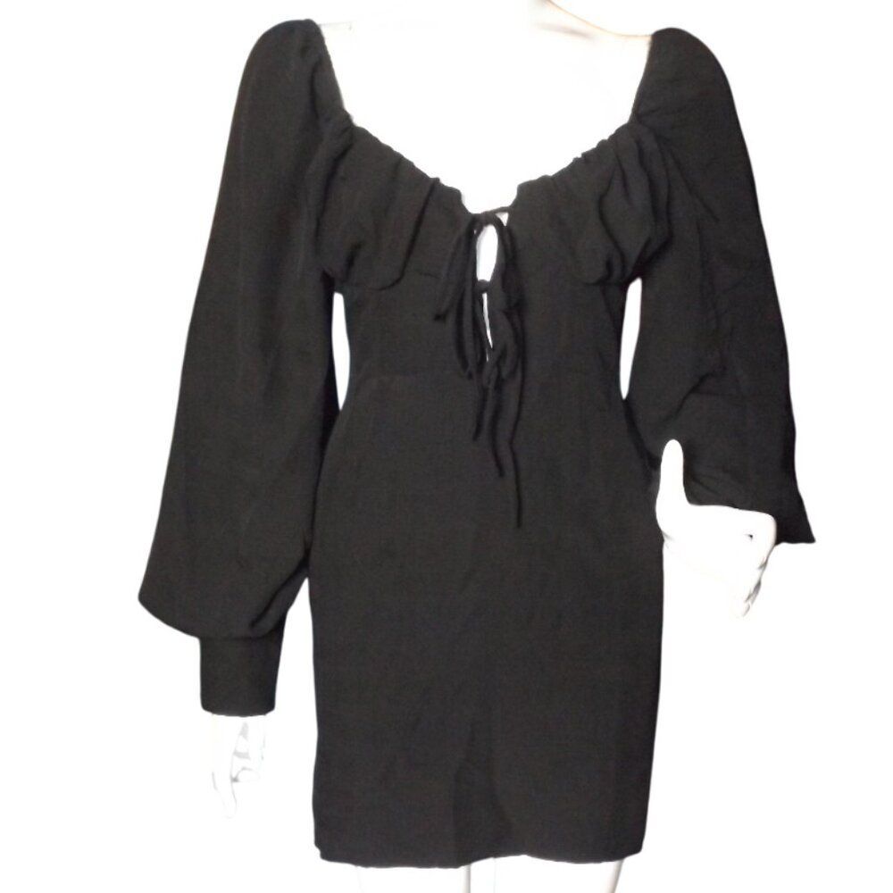SNDYS. Mini Dress, S, Black Krinkle, Puffy sleeve/Zipper cuff,Tie front, REVOLVE